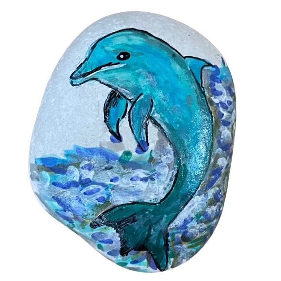 Hand crafted painted dolphin porpoise rock blue white background ocean waves - Picture 5 of 9